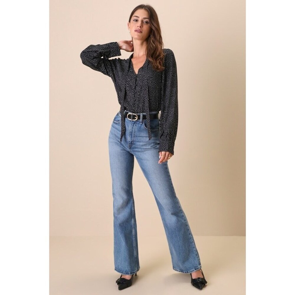 Lulus On The Spot Black Polka Dot Button-up Top - Size S